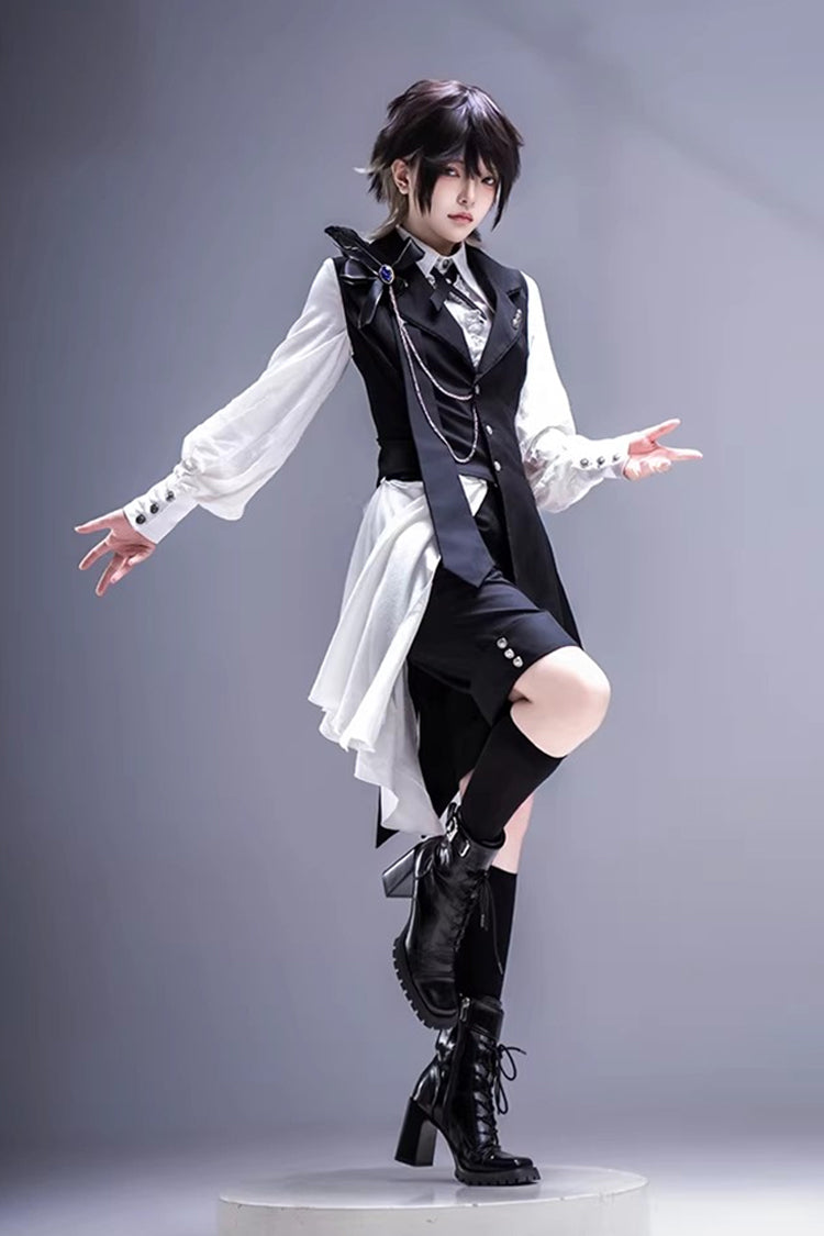 Black/White [Black Tea Concerto] Bow Asymmetric Ouji Fashion Gothic Prince Lolita Vest Top Shorts Set - Product - 2