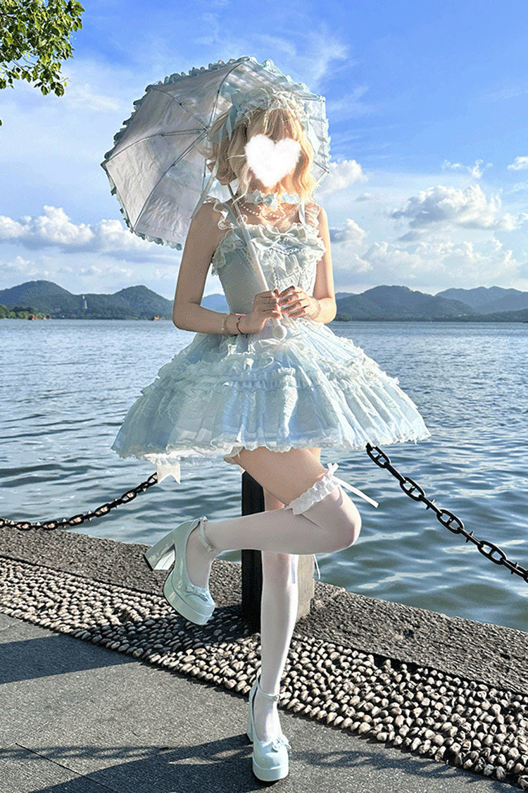 Blue [Candy House] Sleeveless Ruffle Bowknot Lace Lace-Up Sweet Lolita Jsk Dress - Product - 8