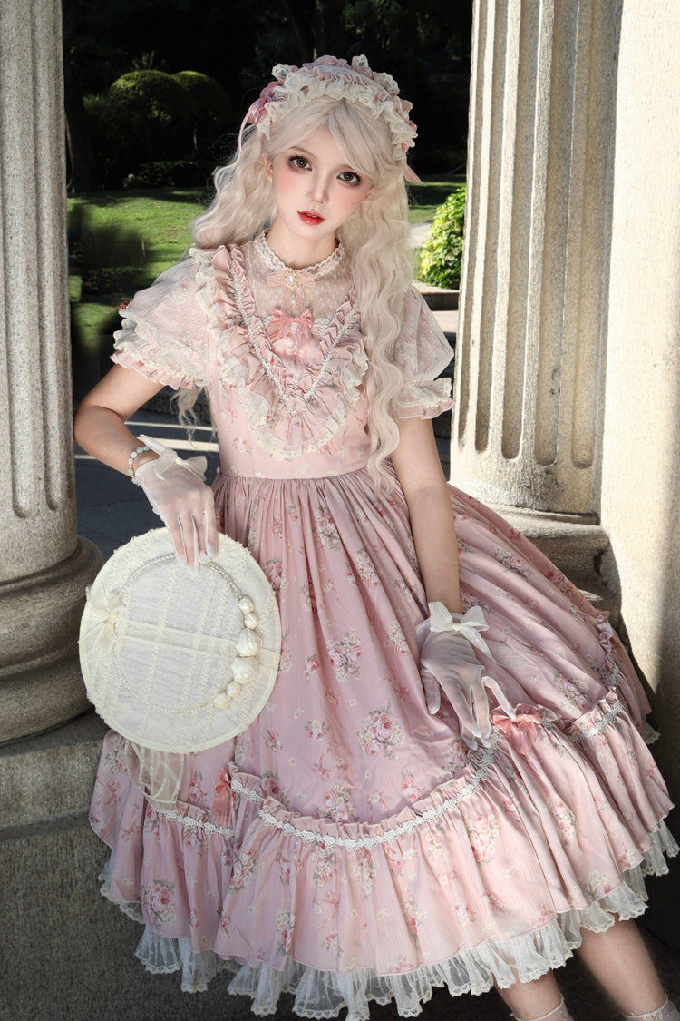 [Daydream Rose] Short Sleeves Floral Jacquard Print Ruffle Embroidery Bowknot Sweet Lolita Dress 3 Colors - Product - 11