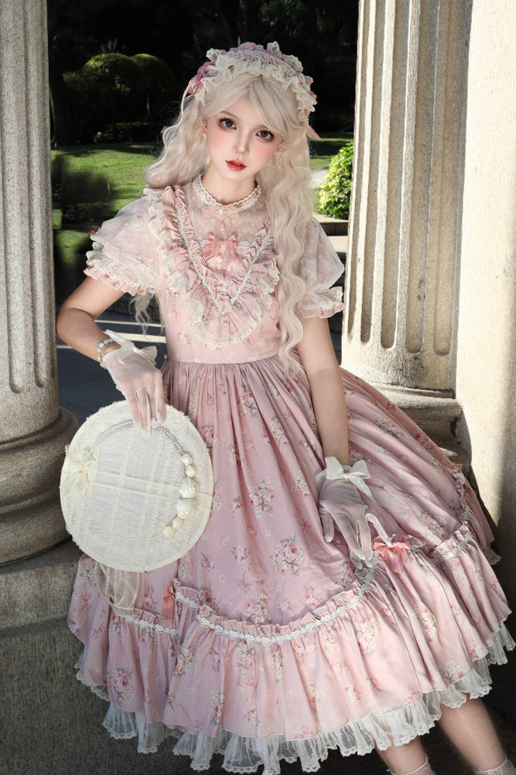 [Daydream Rose] Short Sleeves Floral Jacquard Print Ruffle Embroidery Bowknot Sweet Lolita Dress 3 Colors - Product - 11