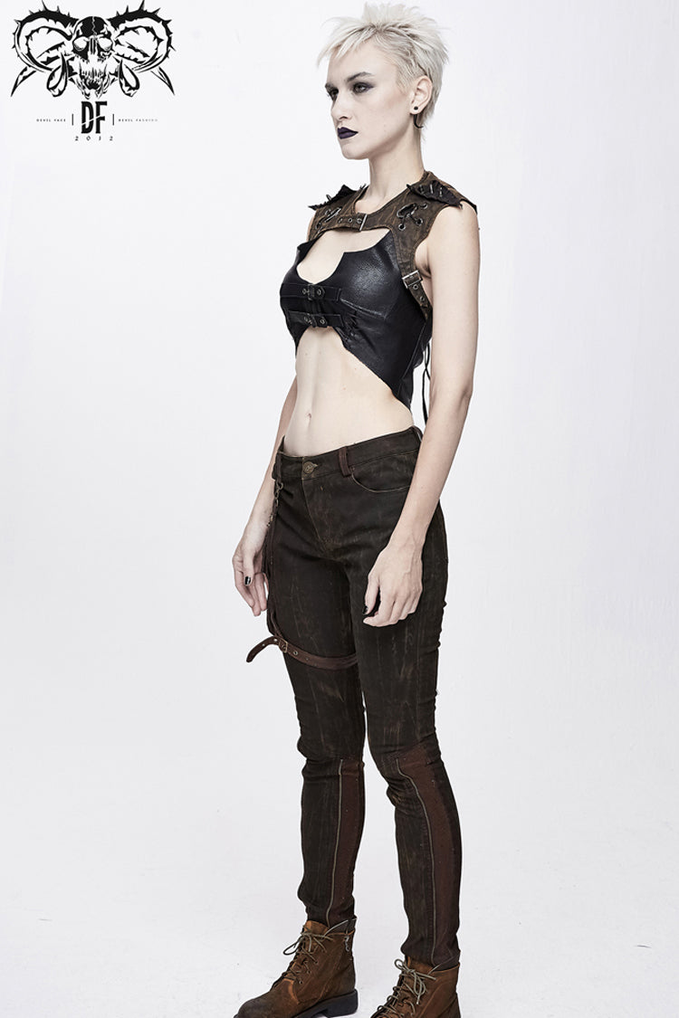 Brown Back Lace Up Raglan Sleeve Chest Hollow Loop Women's Punk Corset - Product - 5