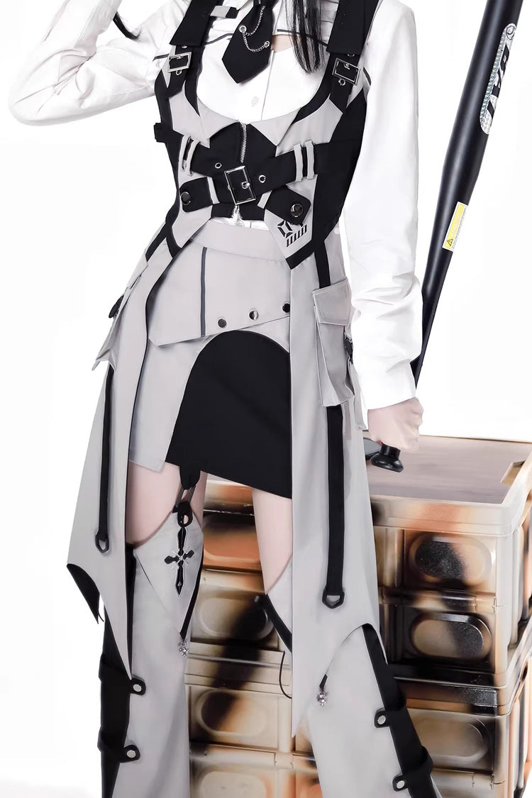 Black/White Long Sleeves Color Matching Handsome Sci-fi Lolita Skirt Set - Product - 10