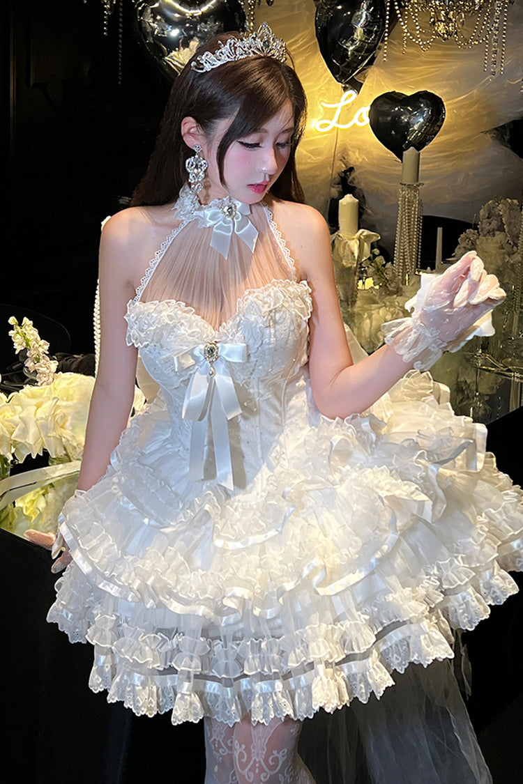 White [Love God Bride] Halterneck Ruffle Hanayome Bowknot Lace Sweet Princess Lolita Jsk Dress - White - 1