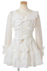 Sweet Square Collar Long Sleeves Lace Ruffle Bowknot Stitching Lace-Up Japanese Plus Size Lolita Dress 3 Colors - White - 2