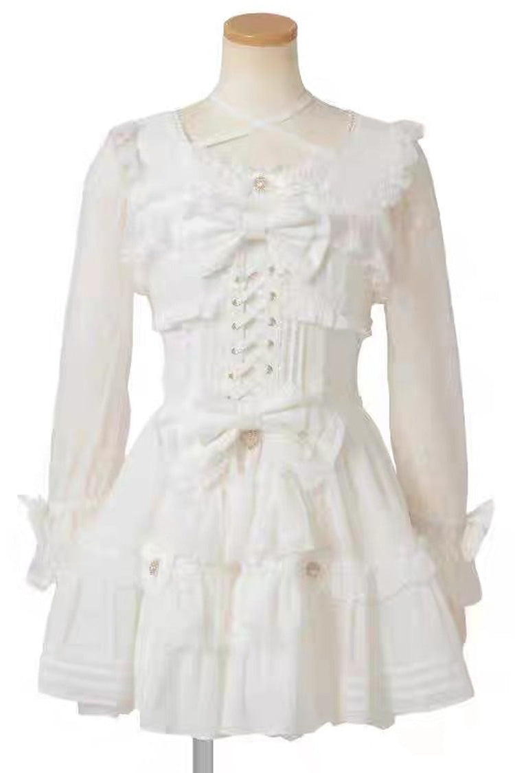 Sweet Square Collar Long Sleeves Lace Ruffle Bowknot Stitching Lace-Up Japanese Plus Size Lolita Dress 3 Colors - White - 2