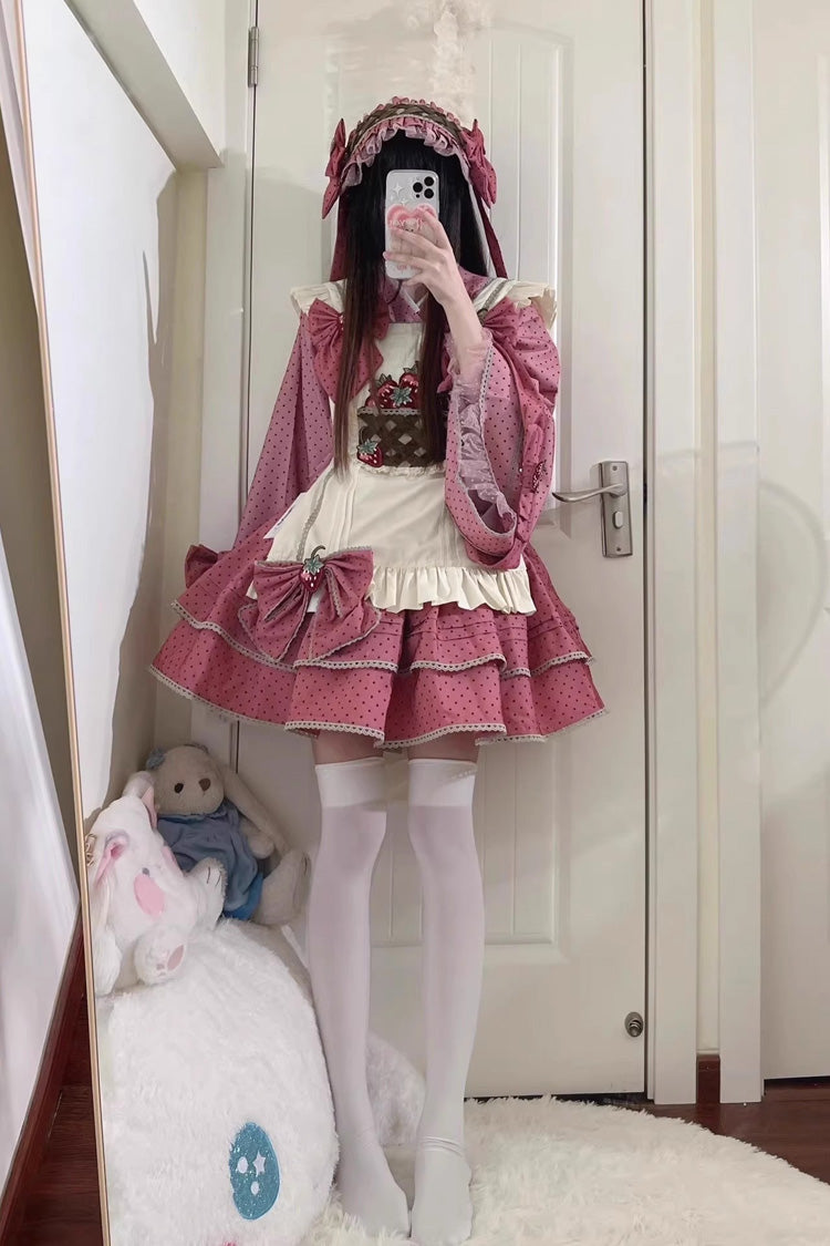 Pink Multi-layer Strawberry Polka Dot Print Bowknot Princess Sweet Lolita Skirt Set - Pink - 1