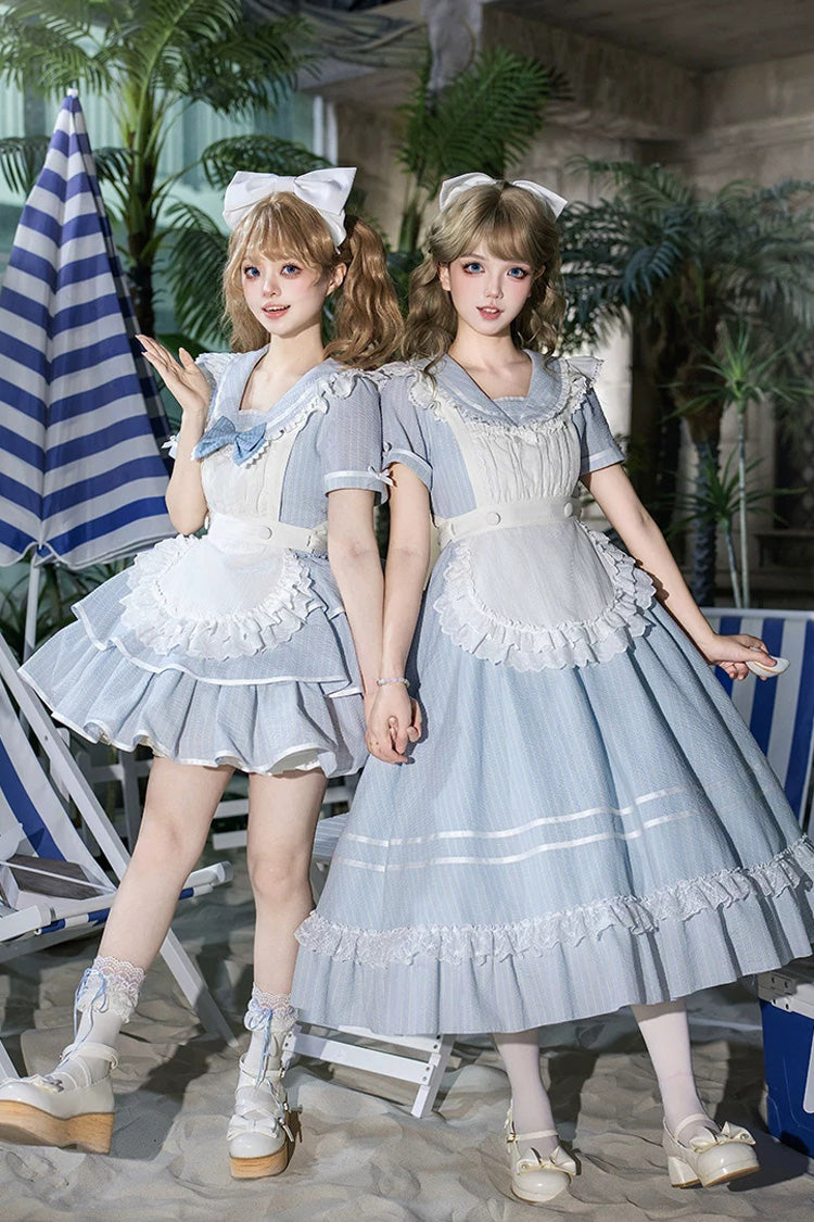 Blue [Seven Day Bell] Navy Collar Short Sleeves Printed Ruffled Bow Sweet Lolita Dress 2 Versions - Product - 2