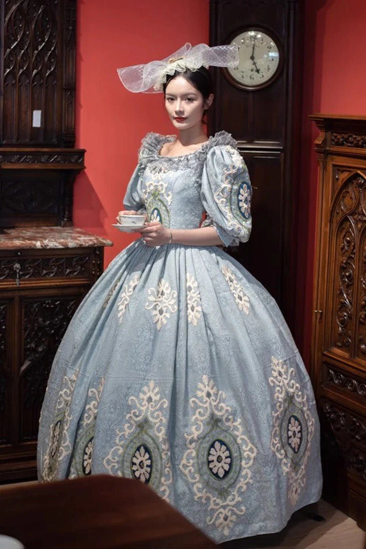 ブルー Medieval Court プリント刺繍 ヴィンテージ プリンセス ロリータ ヴィクトリアン ワンピース 商品画像