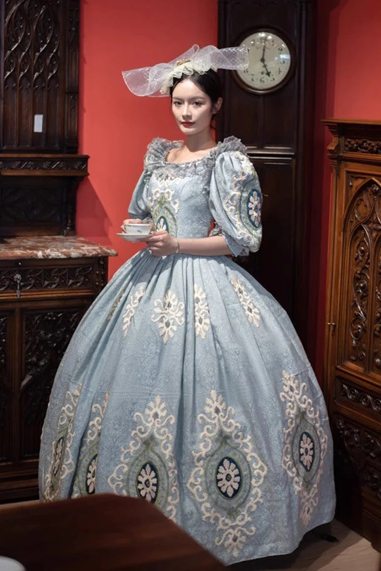 Blue Medieval Court Print Embroidery Vintage Princess Lolita Victorian Dress - Product - 2