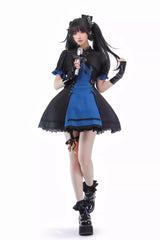 Black/Blue [Night Liana] Ruffle Bowknot Lace-Up Sweet Japanese Lolita Jumper Dress Set - Product - 11