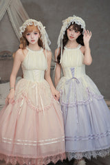 [Tulip Scent] Halterneck Sleeveless Printed Ruffled Lace Lace-Up Fishbone Sweet Lolita Jsk Dress Set (Pink/Purple 2 Colors) - Product - 8