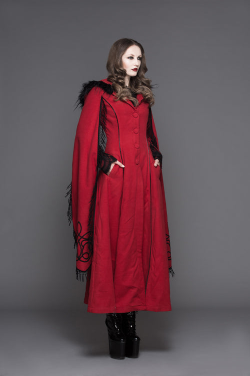 Red Winter Hand Embroidered Shawl Double Sided Long Womens Gothic Coat - Product - 3