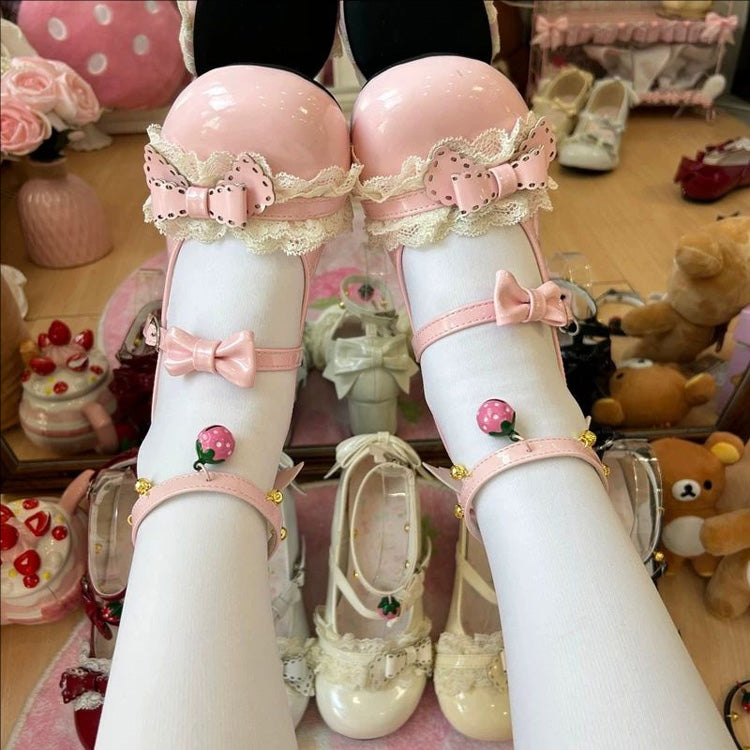 Round Toe Bow Lace Trim Mid Heel Lolita Mary Jane Shoes with Ankle Bells 6 Colors - Pink - 6