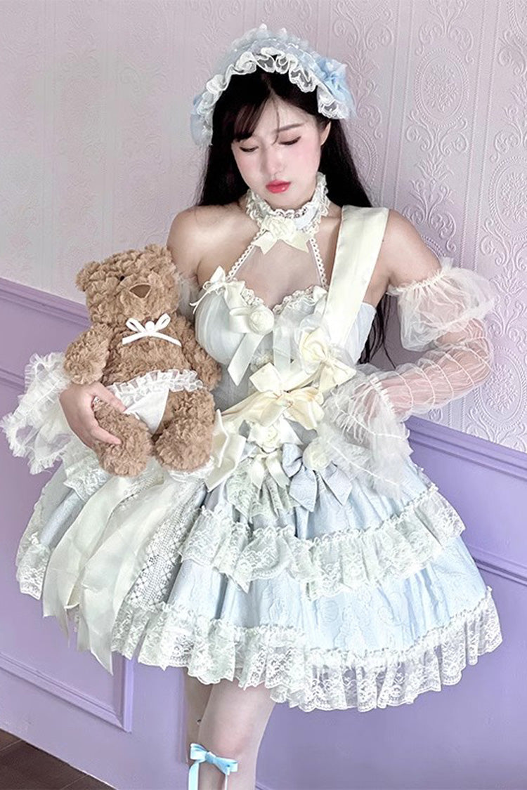 Princess Sleeveless Ruffle Bowknot Lace Sweet Lolita Jsk Dress 4 Colors - Light Blue - 9