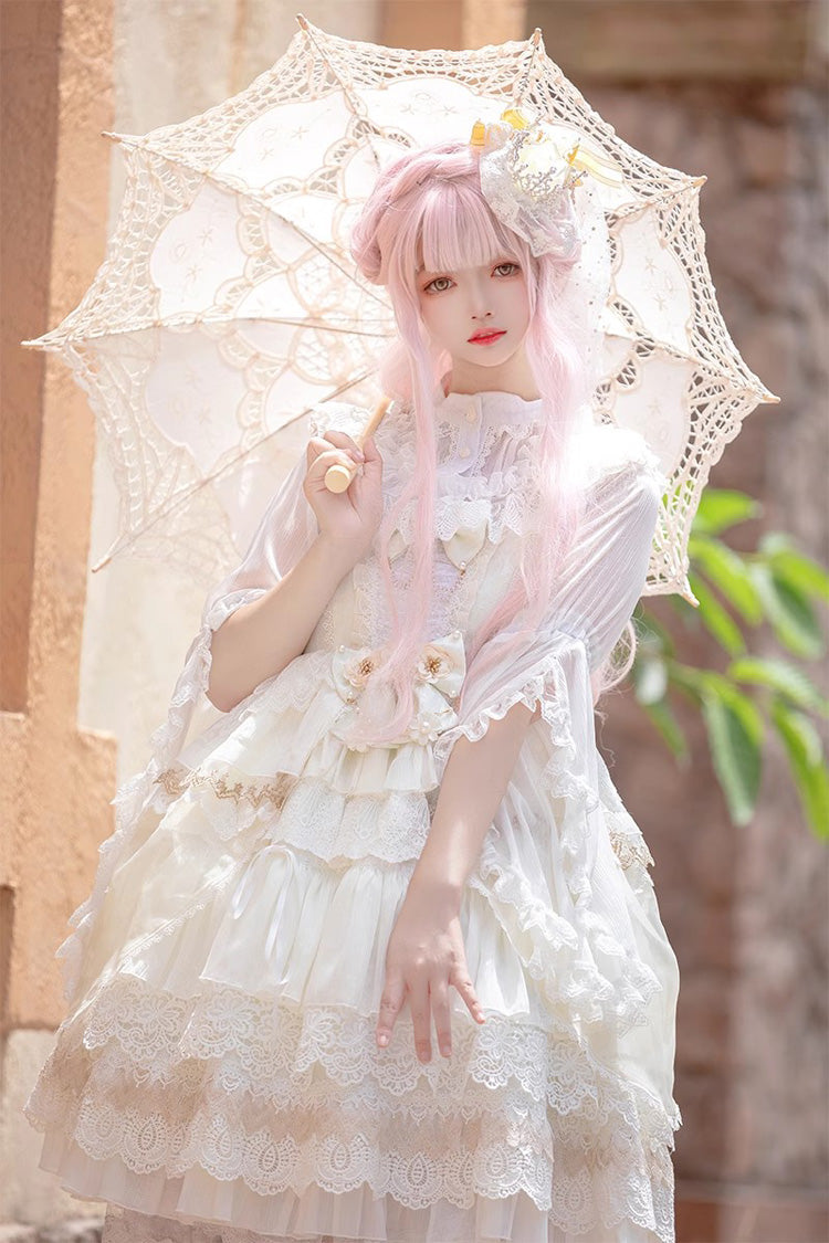 Multi-layer Sleeveless Undine's Tears Print Ruffle Hanayome Bowknot Sweet Lolita Jsk Dress 2 Colors - White - 7