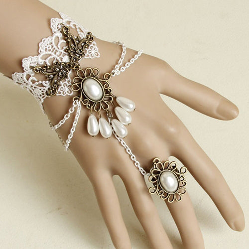 White Vintage Baroque Lace Pearl Bride Palace Prom Lolita Ring Bracelet - Product - 1