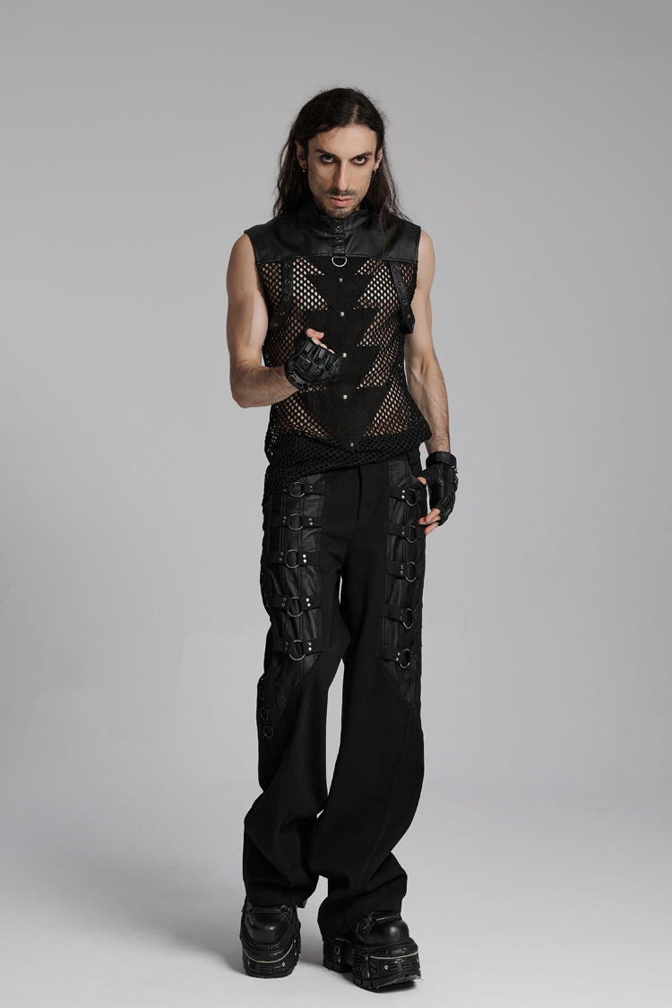 Black Stand Collar Sleeveless Mesh Triangle Eyelets Men's Punk Vest - Product - 4