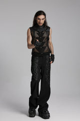 Black Stand Collar Sleeveless Mesh Triangle Eyelets Men's Punk Vest - Product - 4