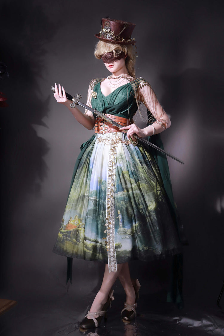 Green [Grace in Favor] V Collar Sleeveless Oil Painting Printed Sweet Lolita Jsk Dress - Product - 7
