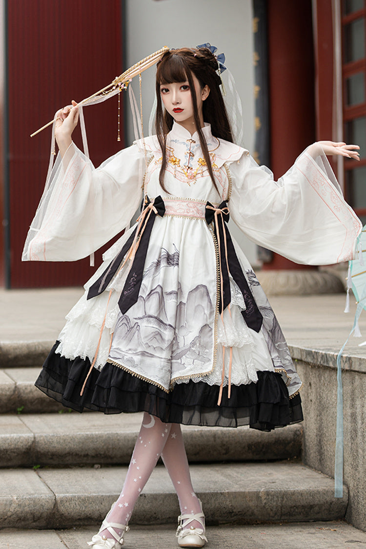 Chinese Style Long Sleeves Landscape Painting Print Bowknot Sweet Elegant Lolita Dress 2 Colors - Product - 8