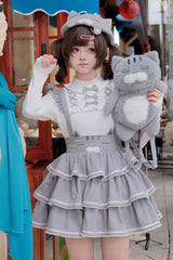 Grey [Gloomy Cat Series] Sleeveless Triple-Layered Ruffled Sweet Suspender Cake Strap Dress - Product - 8