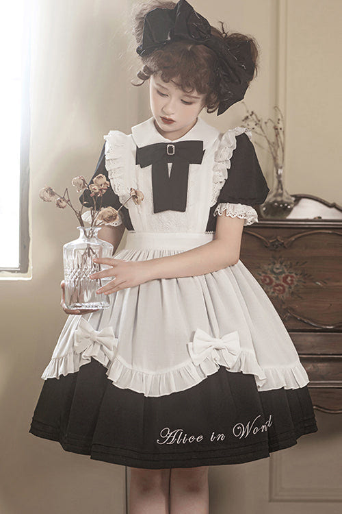 Round Collar Lace Puff Short Sleeves With Apron Sweet Lolita Dress - Black - 4