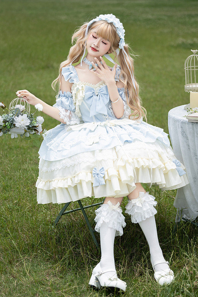 [Icy Blue Milky Wave] Square Collar Multi-Layered Printed Ruffled Bow Lace Sweet Lolita Dress Set - Product - 4