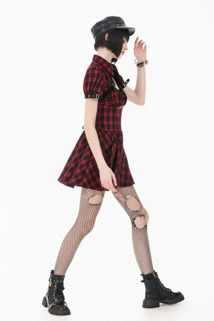 Black/Red Plaid Turn-Down Collar Cut-Out Short Sleeves Lace-Up Women's Punk Retro Mini Dress - Product - 9