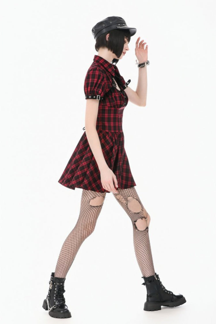 Black/Red Plaid Turn-Down Collar Cut-Out Short Sleeves Lace-Up Women's Punk Retro Mini Dress - Product - 9