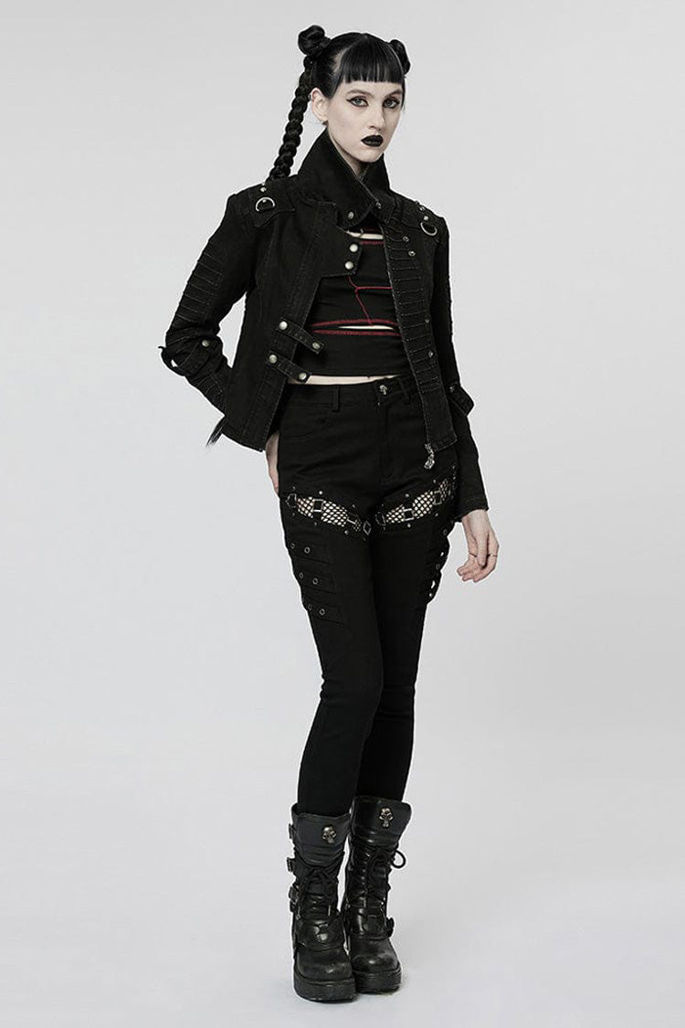 Black Denim Slant Pocket Washed Distressed Stretch Women's Punk Jacket - Product - 4