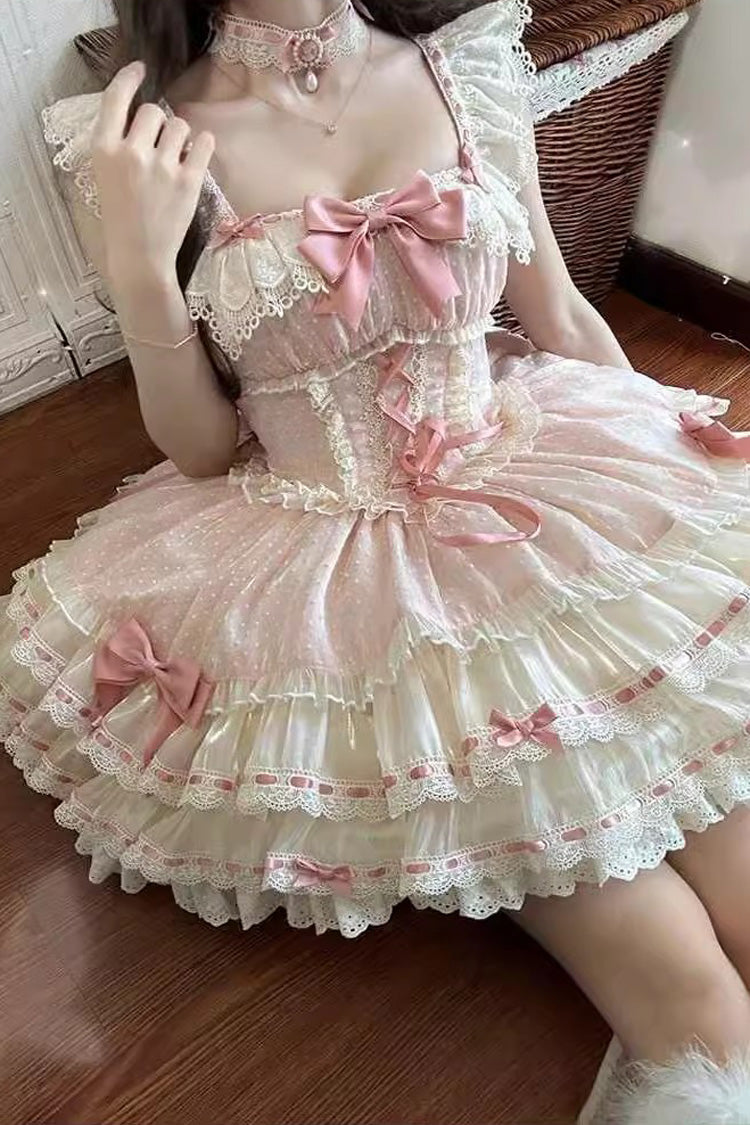 Pink Triple-Layered Bowknot Lace-Up Sweet Princess Ballet Lolita Jsk Dress - Product - 6