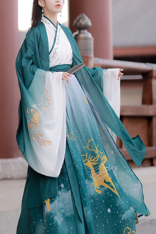 Green Chinese Style Exquisitely Embroidered Three Piece Classic Hanfu Dress - Green - 1