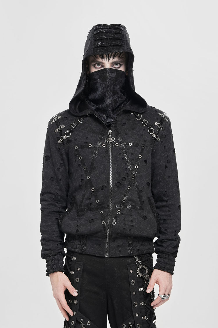 Black Long Sleeves Hexagram Print Hooded Ripped Pleated Men's Punk Coat - Black - 1