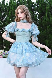 Blue Square Collar Short Puff Sleeves Multi-Layered Print Ruffle Bowknot Tie-dyed Sweet Princess (Dress Only) front view