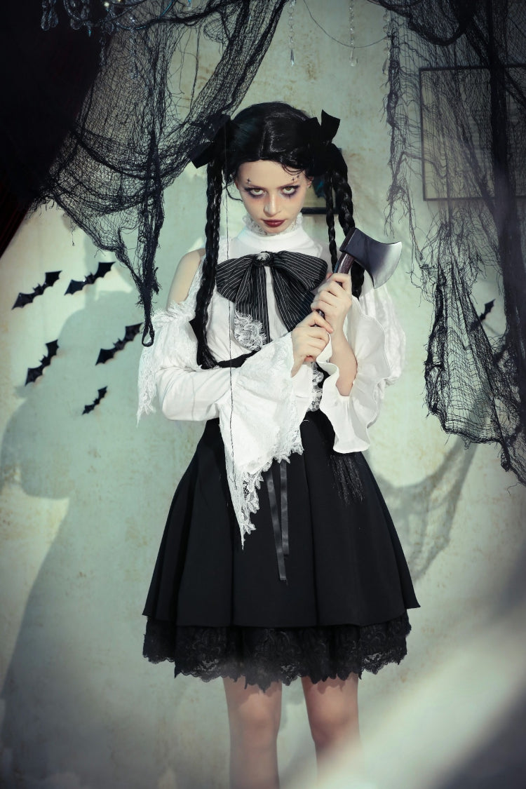 Black/White Lace High Collar Asymmetric Long Trumpet Puff Sleeves Bowknot Women's Lolita Gothic Short Dress - Product - 13