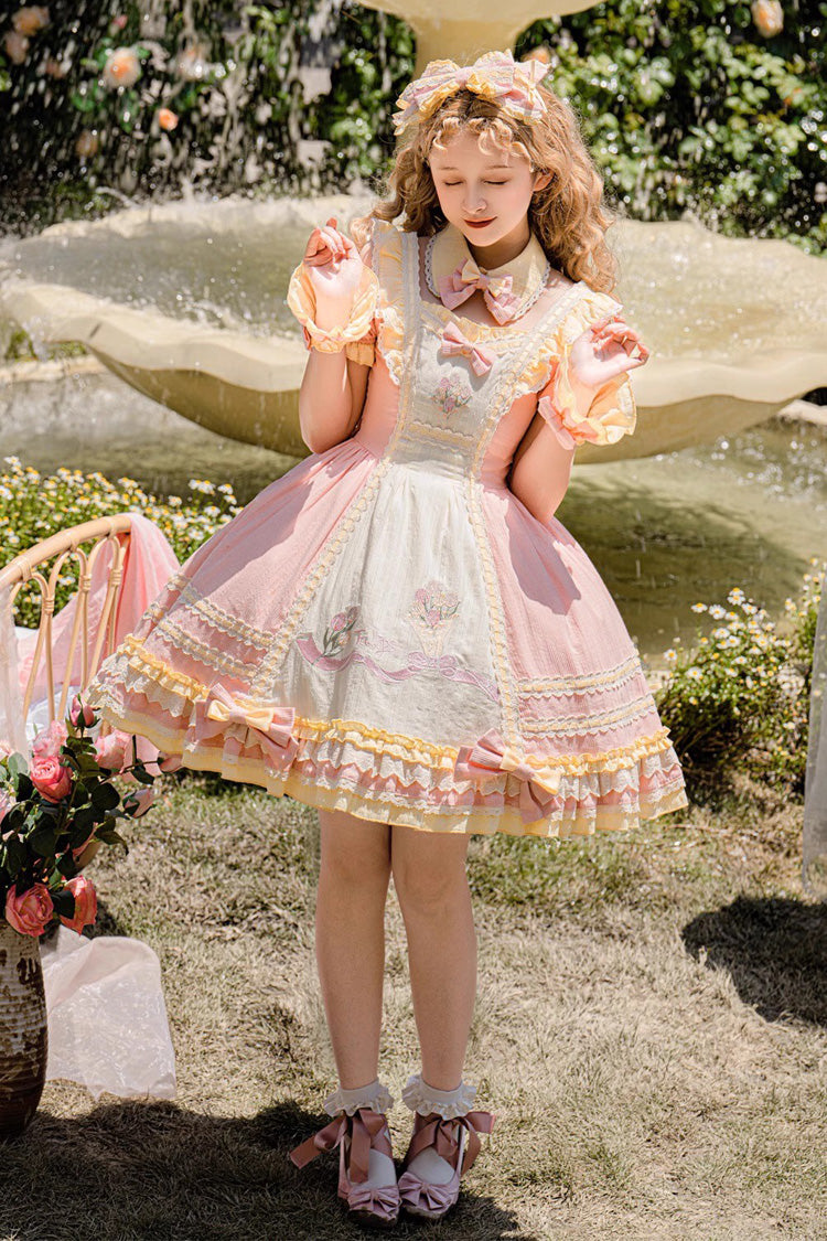 Pink Short Sleeves Tulip Print Ruffle Bowknot Sweet Lolita Dress - Product - 4
