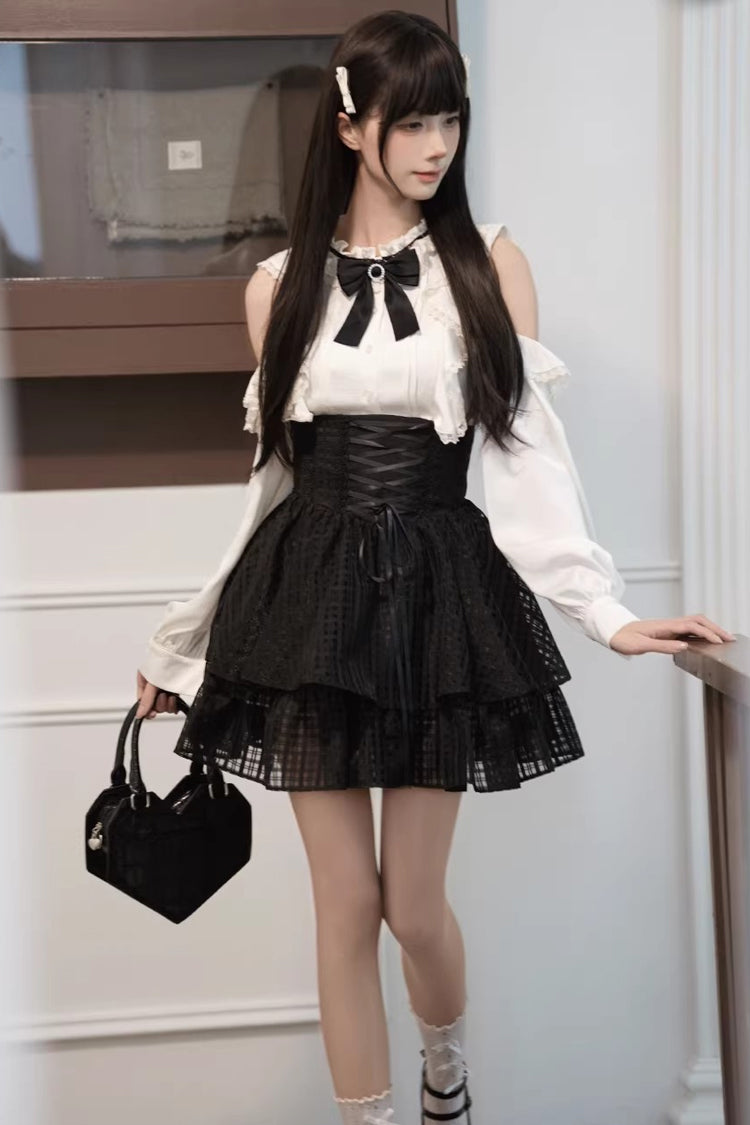 Black/White Round Collar Double-Layered Cut-Out Bow Lace-Up Classic Jirai Kei Japanese Elegant Skirt Set - Product - 3