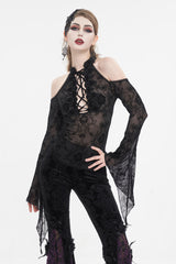 Black Off Shoulder Flared Sleeved Lace Mesh Women's Gothic Shirt - Product - 2