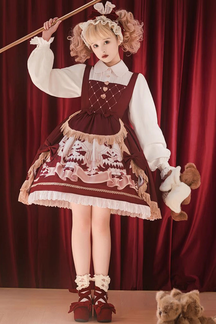 Red Doll Collar [Bunny Reading Club] Print Ruffle Lace Fake Two Pieces Sweet Princess Lolita Dress - Product - 2
