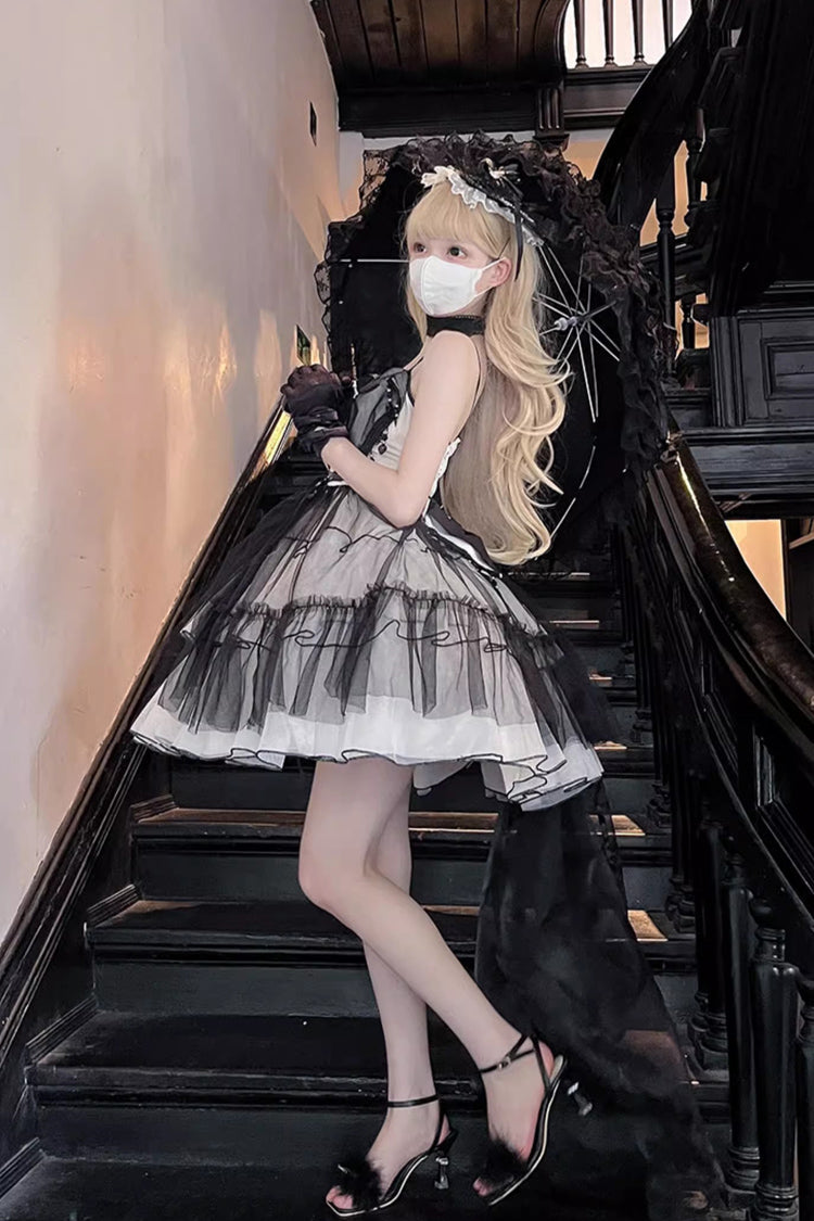 Black/White Ruffle Hanayome Lace Lace-Up Gothic Plus Size Lolita JSK Dress (Short Version) detail view 4