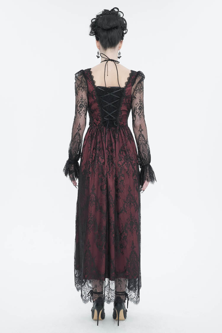 Red Lace Appliqu Adjustable Waist Cutout Women's Gothic Dress - Product - 4