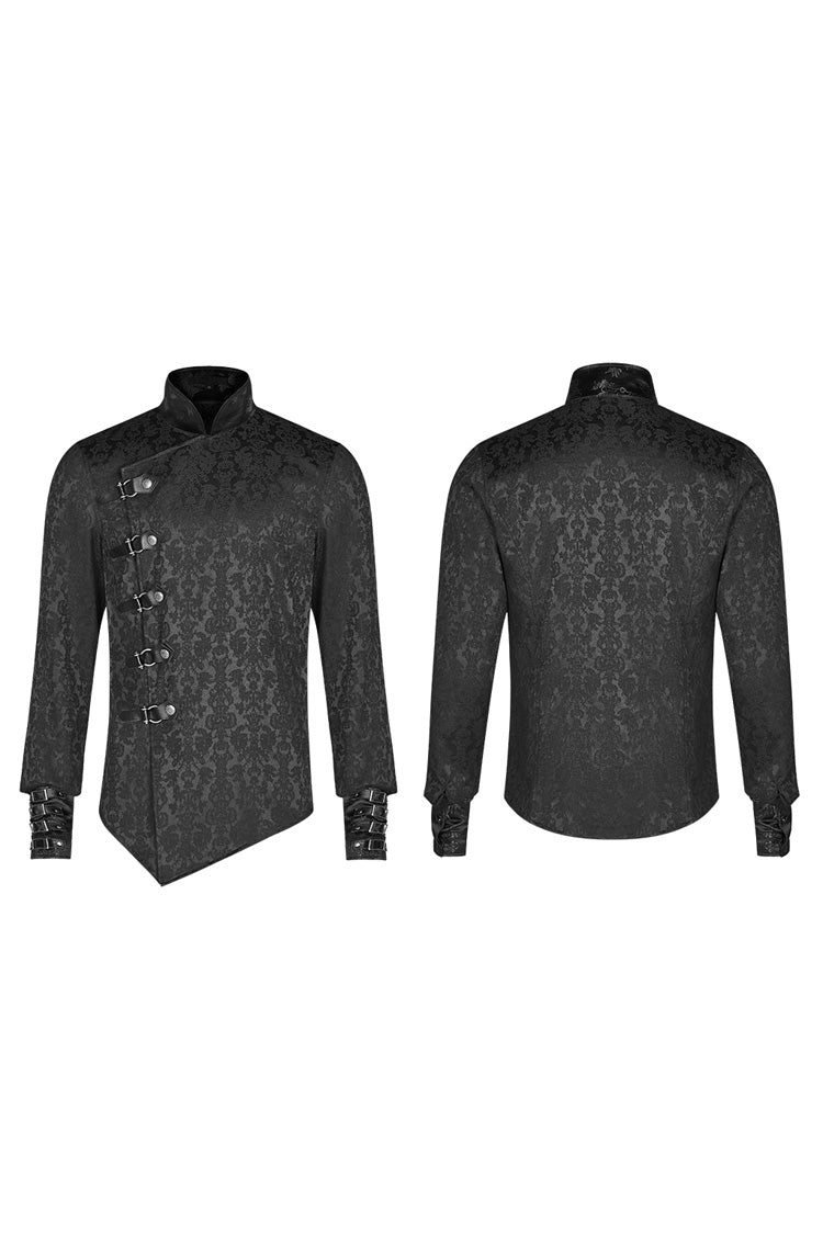 Black Stand Collar Long Sleeves Print Buckle Men's Punk Blouse - Product - 5
