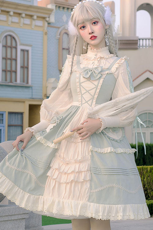 Light Green Japanese Country Style Bowknot Cardigan Ruffled Sweet Lolita JSK Dress - Product - 2