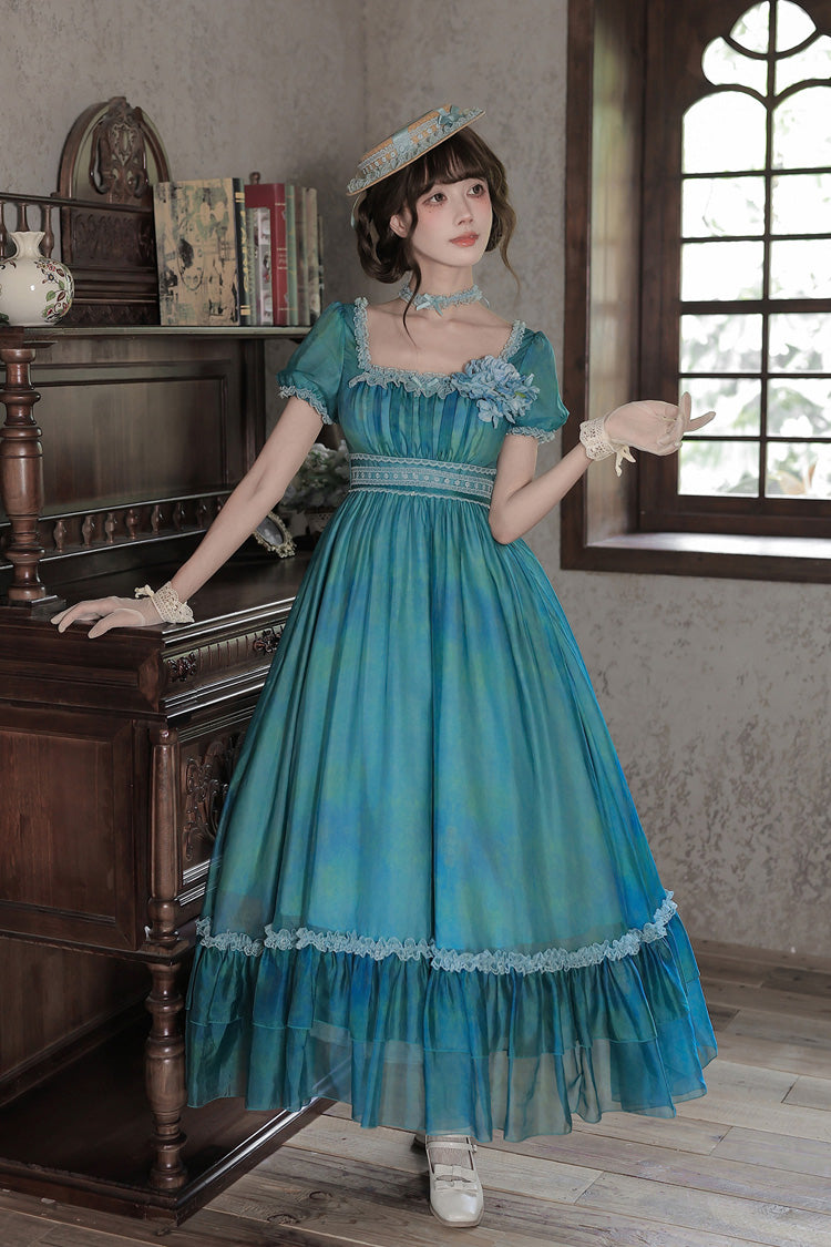 Blue/Green [Water Lily] Square Collar Ruffled Lace-Up Sweet Royal Lolita Dress 2 Versions - Product - 23