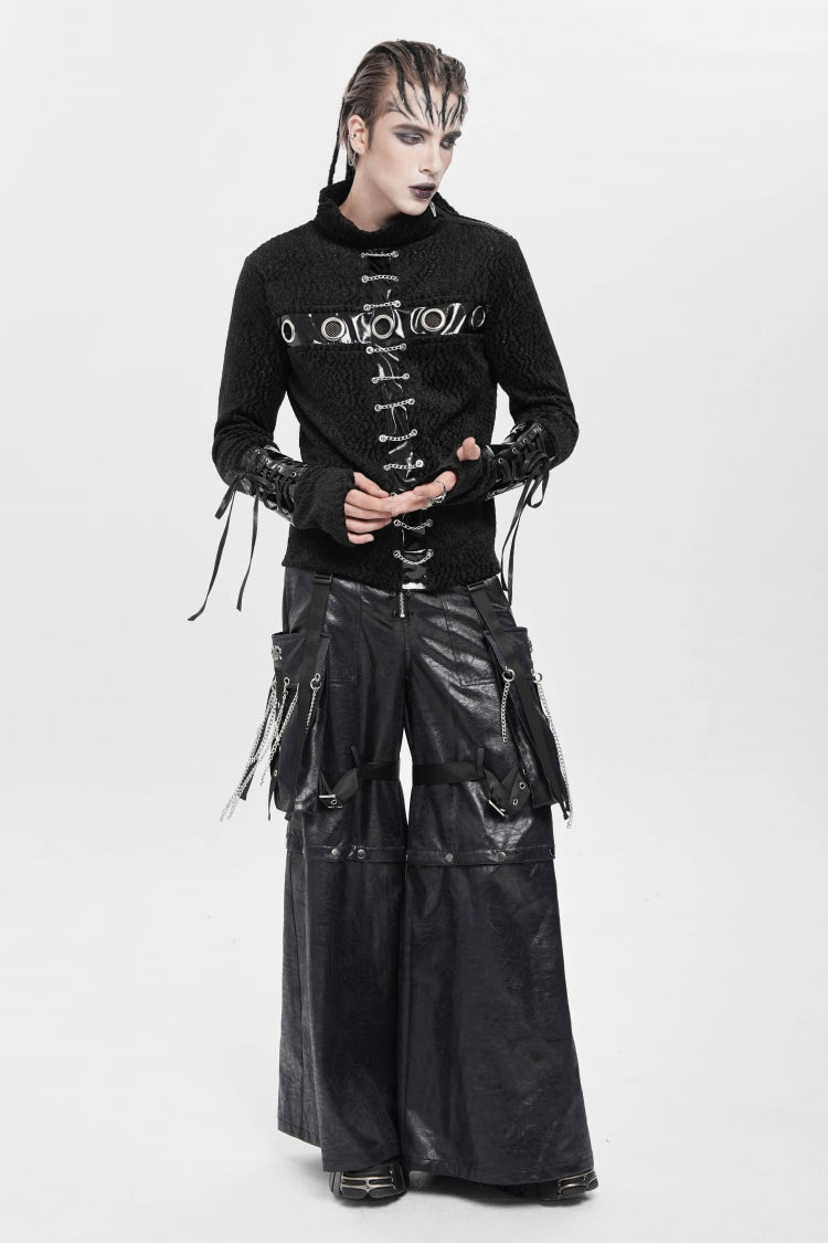 Black Big Pockets Straps Chain Men's Punk Pants - Product - 9
