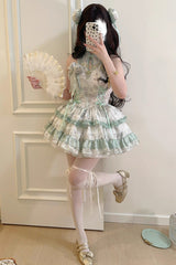 Peach Moon Bamboo Halterneck Multi-layer Print Ruffle Sweet Chinese Style Lolita Dress 2 Colors - Product - 5