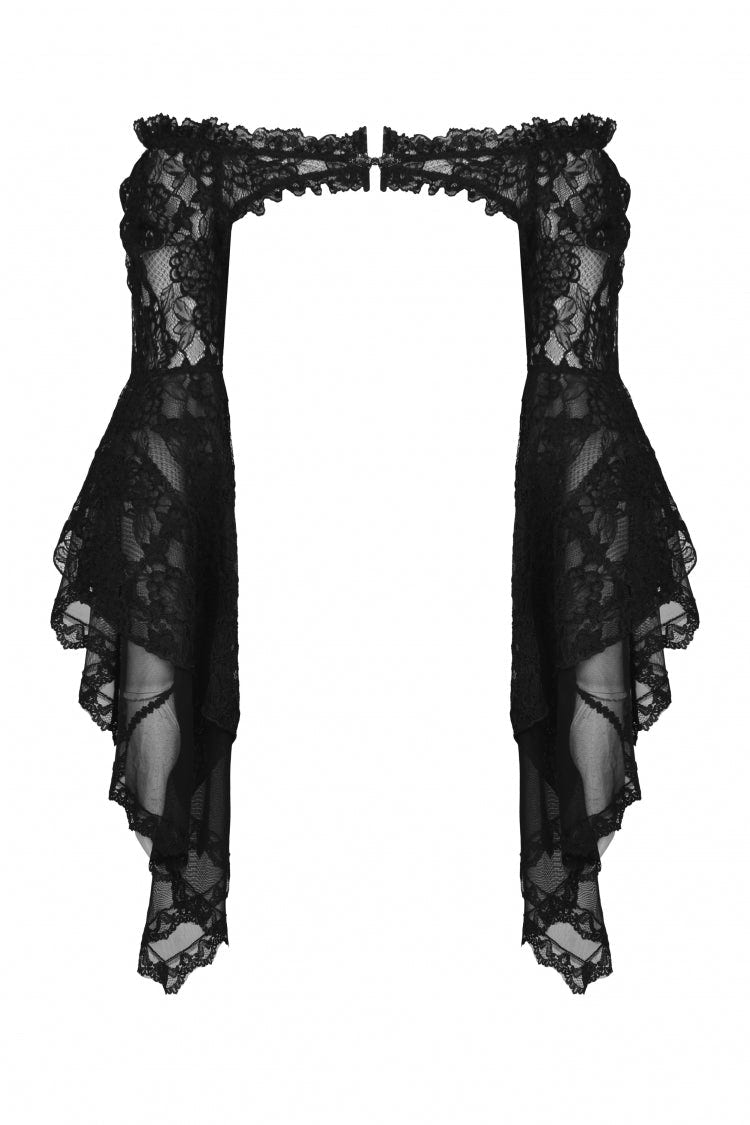 Black Off Shoulder Lace Long Trumpet Sleeves Floral Mesh Women's Gothic Cape - Product - 3