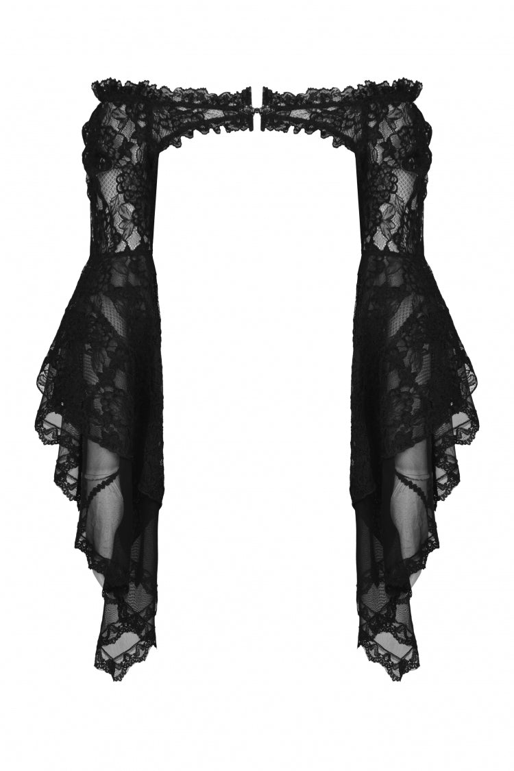 Black Off Shoulder Lace Long Trumpet Sleeves Floral Mesh Women's Gothic Cape - Product - 3