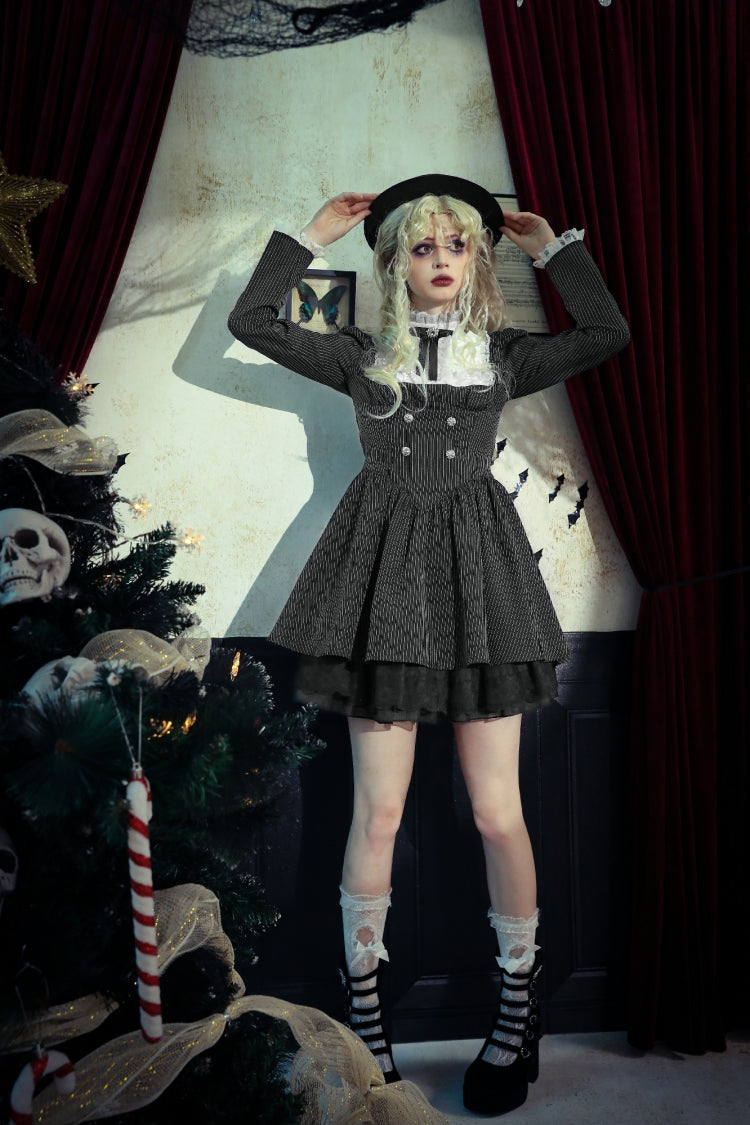 Black/White Striped Ruffled Lace Stand Collar Bow Long Sleeves Lace-Up Women's Gothic Lolita Graduation Dress - Product - 15