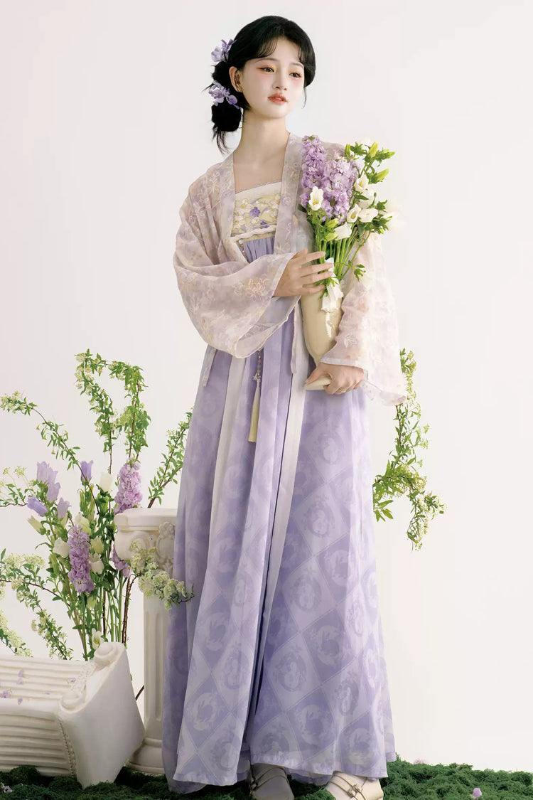 Purple/Apricot [Rain Dream] Long Sleeves High Waisted Printed Embroidered Women's Sweet Hanfu Dress Set - Product - 2